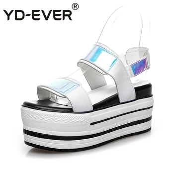

YD-EVER 9cm shiny bling women sandals hook platform wedge sandals summer casual shoes super high heel shoes
