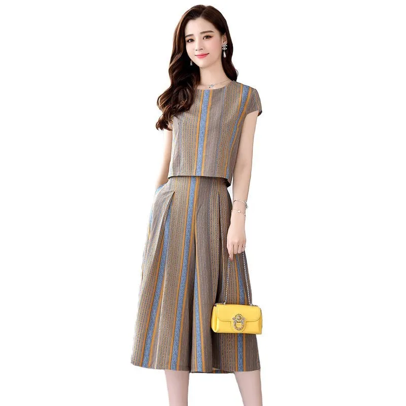 

Women Summer Stripe Clothing Sets 2 Piece Outfit Top Pleated Wide Leg Pants Suits