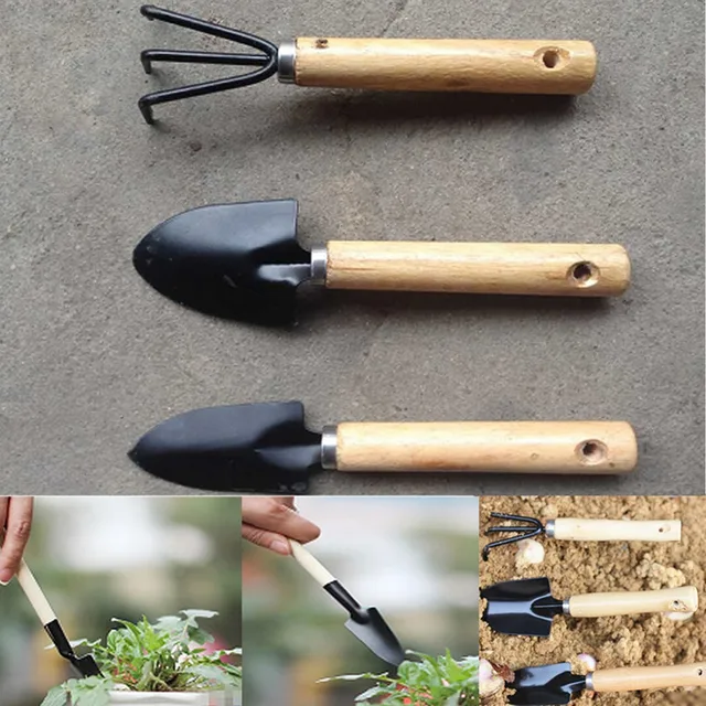 1 Set New Gardening Wooden Handl Metal Rake Shovel Digging Trowel Garden Tools 1