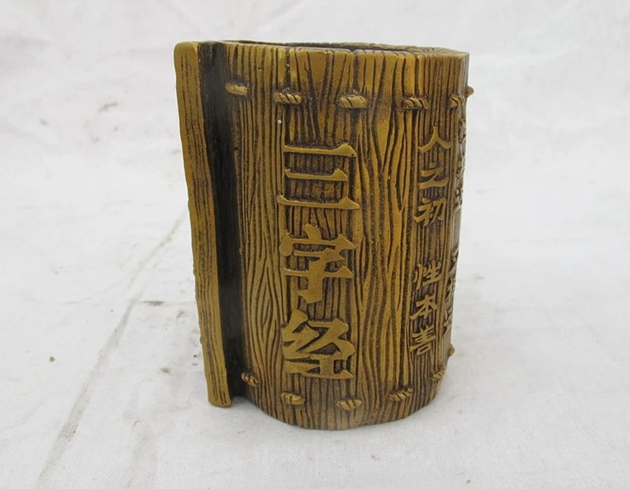 

Chinese Folk Bronze Carved Three Character Classic Poetry Pencil Vase Brush Pot a(5.19)