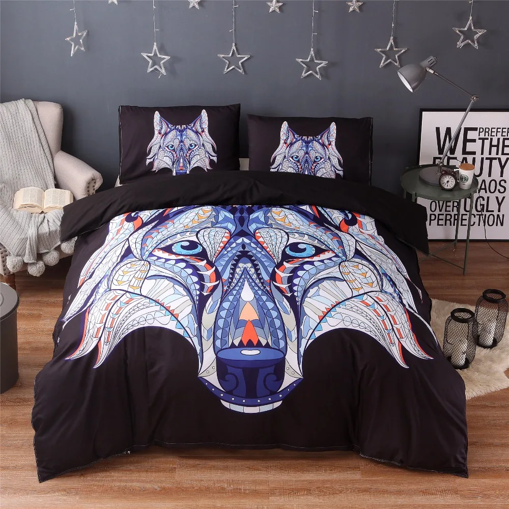 

FUYA 3 Pieces 3D Wolf Black Bedding Set Bohemia King Duvet Cover with Pillow Case Colorful Printed Bed Set Cover