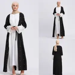PlusSize Vestidos 2019 Абая Дубай Бангладеш мусульманских для женщин классический черный и белый жемчуг вышивка кружево сбоку кардиган DressZ318