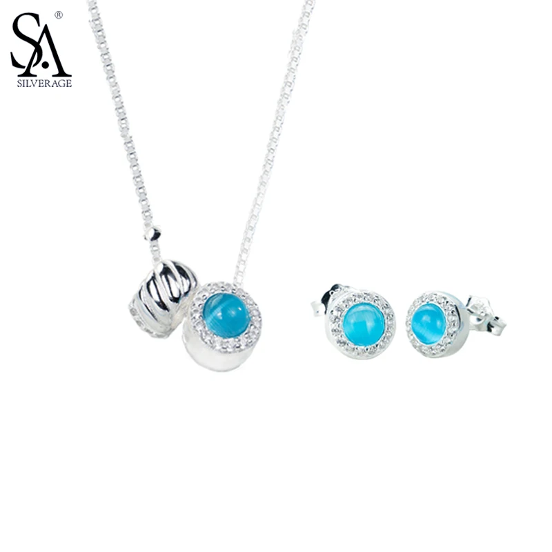 

SA SILVERAGE 925 Silver Jewelry Set For Women Round Jewelry Sets Necklaces Pendant And Stud Earrings Pure Silver Party Gift 2018