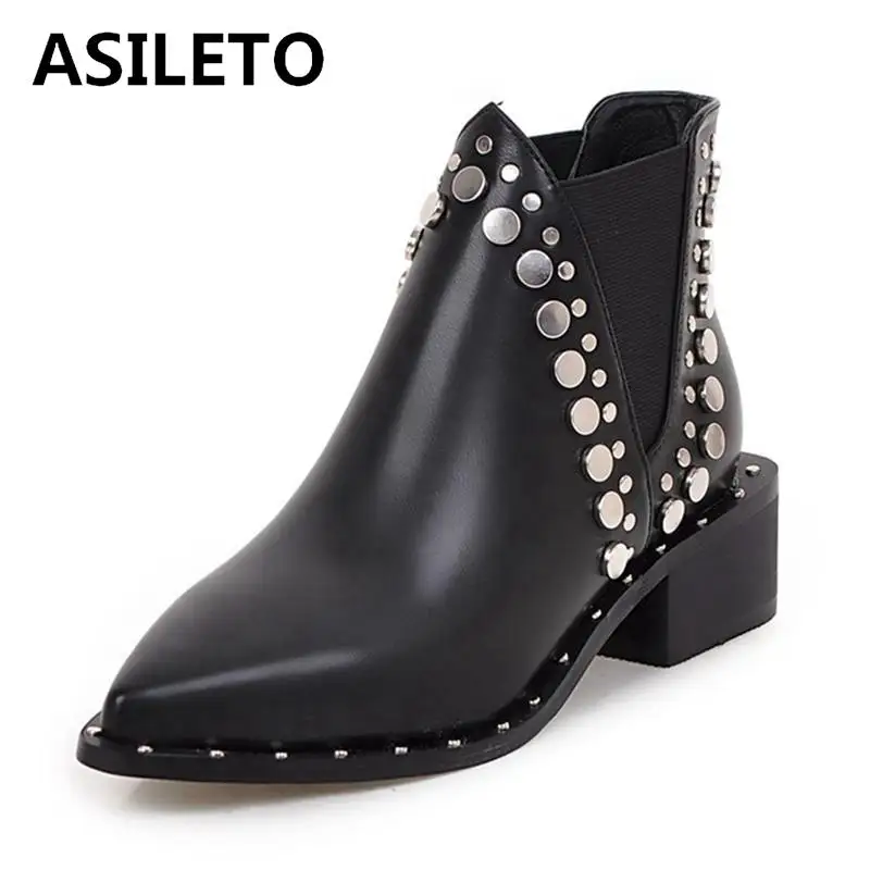 

ASILETO ankle stud boots chunky heels for women motocross pointed metal rivets slip on black top quality booties studded bottes