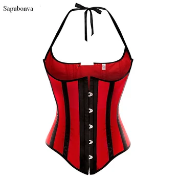 

Sapubonva underbust corset straps sexy striped halter corsets and bustiers tops plus size corselet overbust vest red black white