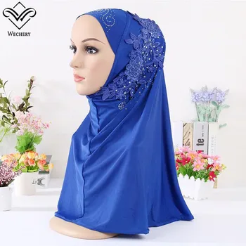 

Wechery Elegant Muslim Hijab Scarf Ladies Headwear Long Floral Hijabs Appliques Design Islamic Turkish Floral Clothing