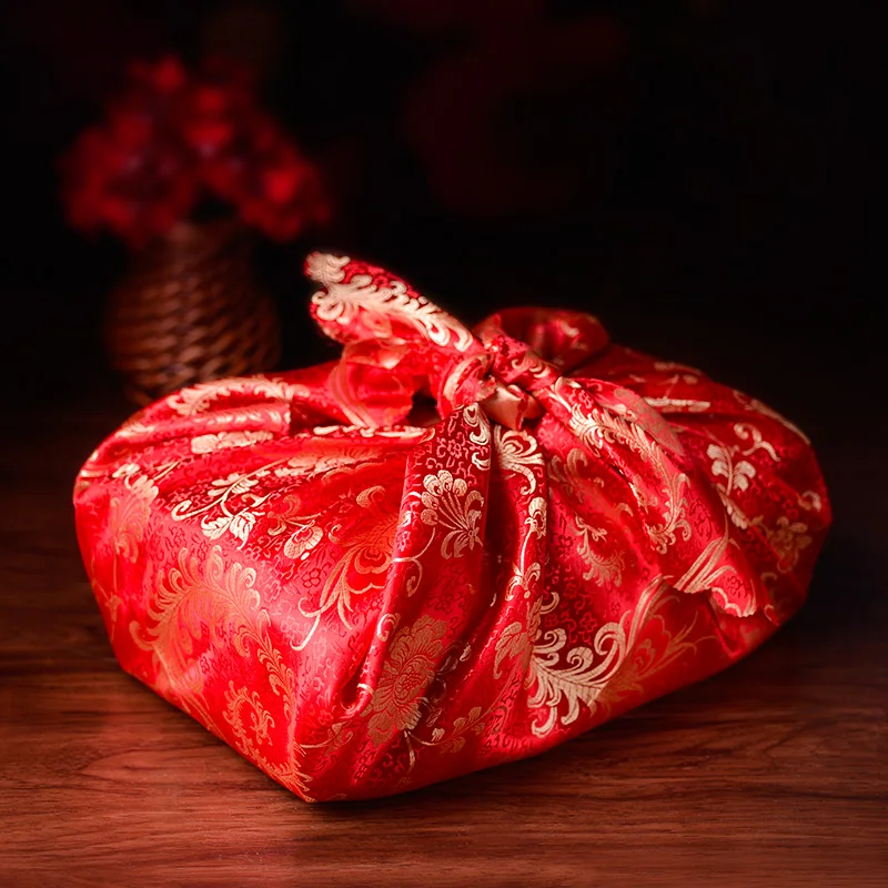 

Chinese Style Red Imitation Silk Fabric for Wedding Celebration Supplies Bride's Dowry Wrapped Cover Prop Square Candy Packing