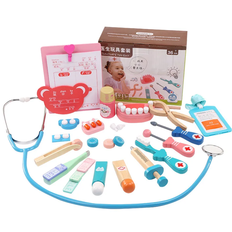 20Pcs Set Wooden toys Funny play Real Life Cosplay Doctor game toy Dentist Medicine BoxPretend Doctor Play For Children