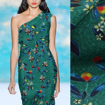 

114CM Wide 14MM Foral Print Dark Green Thin Silk Crepe De Chine Fabric for Summer Dress Shirt Cheongsam Pants Pajamas B140