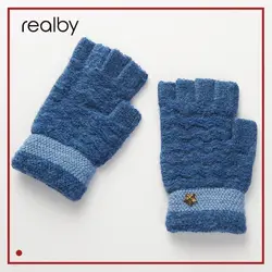 Realby зима для мужчин модные без пальцев перчатки зимние теплые половина палец флип трикотажные варежки S звезда узор B6258