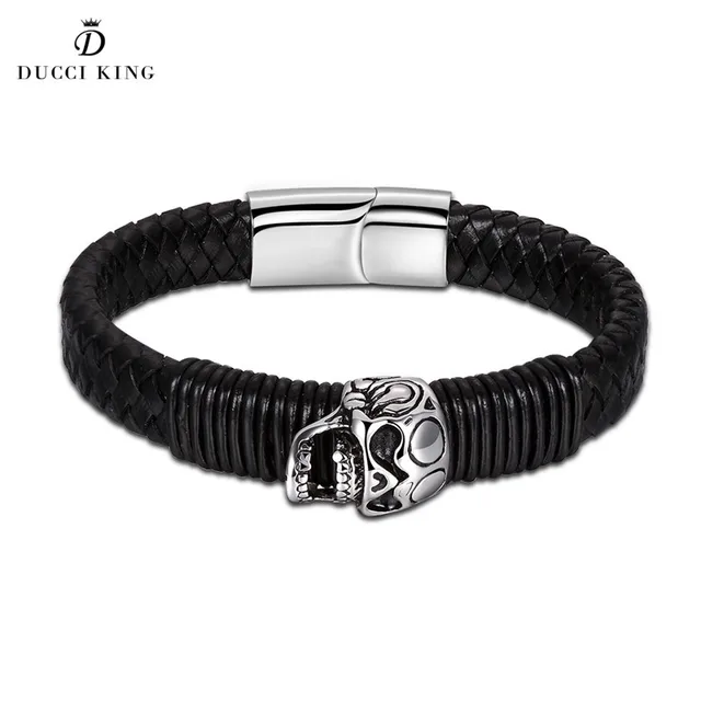 Punk Rock Mens Black Durable Leather Bracelets Gothic Skull Cuff Punk Rock Mens Black Durable Leather Bracelets Gothic Skull Cuff Bangle Skeleton Charm Vintage Anium