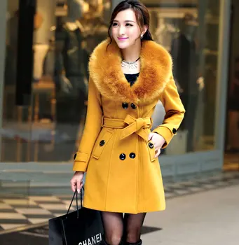 

2017 New Autumn Woolen Overcoat Plus size Medium-long Slim cashmere large fur collar Wool Coat female Free shipping