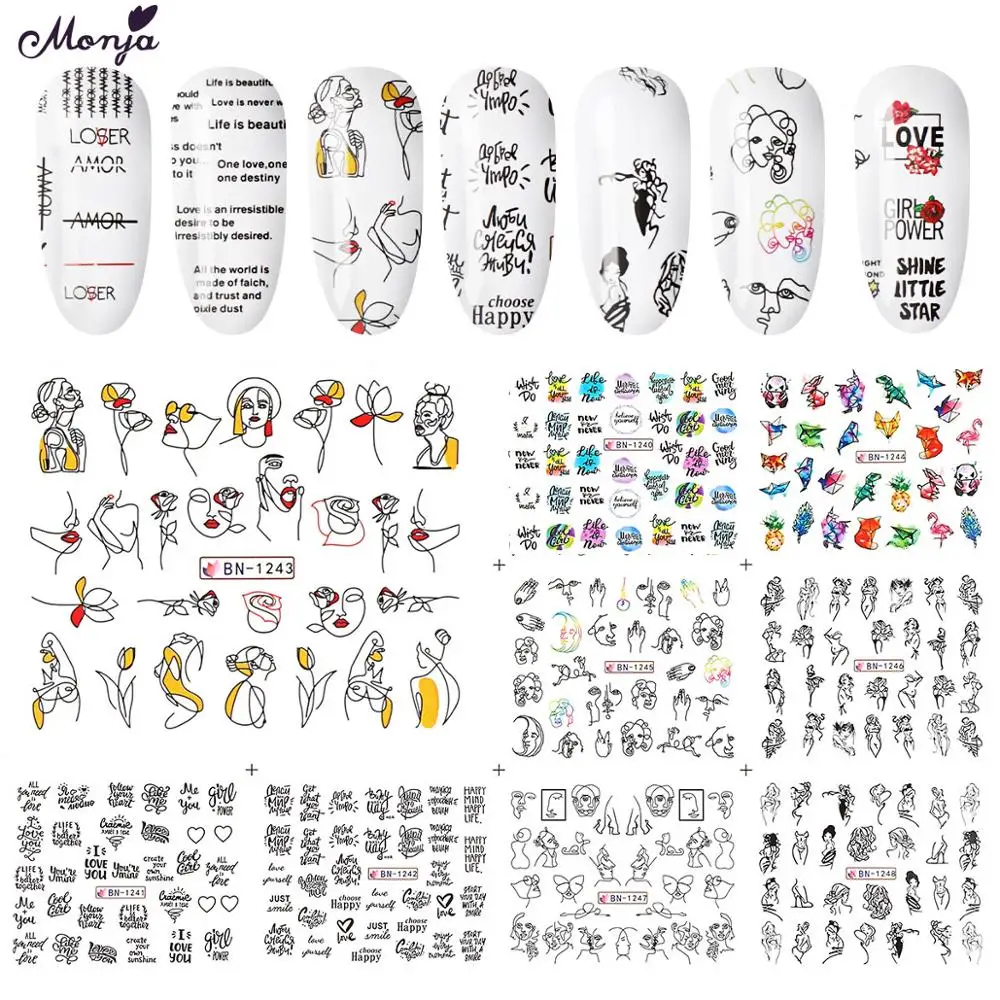 

Monja12 Styles Nail Art Water Transfer Sticker Animal Human Face English Abstract Image DIY Transfer Slider For Manicure Decor