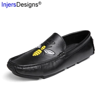 

Hot Sale Men Loafers Fashion Embroidery Bee Boats Shoes Men Slip-On Gommino Driving Shoes Leather Casual Zapatos Plus Size 37-45