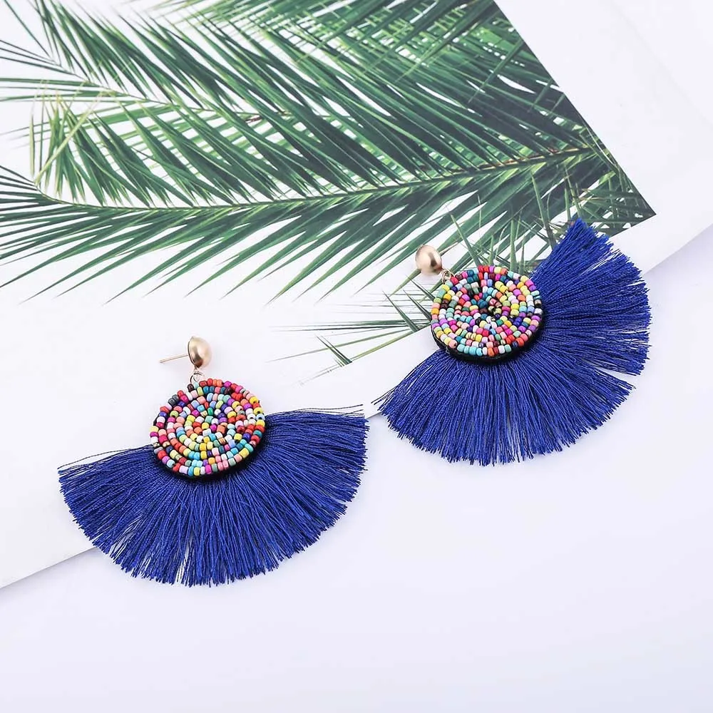 E5749 Trendy Drop Earrings WomenLongBohemianBeadsBeadsBlueSilkBalckDangleMetalBohoGold Tassel Earrings 2018 Jewelry