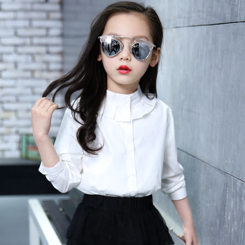 

White Full Sleeve Girls Shirts for School 2018 New O-neck Girl Blouses Solid Tops Teenager Kids Children Clothing Clothes Bs067