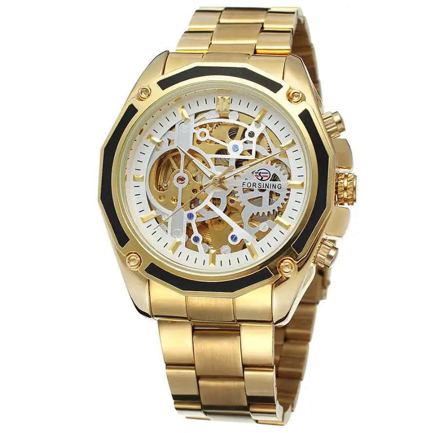 Золотые Роскошные брендовые механические часы, мужские автоматические заводные наручные часы из нержавеющей стали со скелетом, модные мужские часы в стиле стимпанк - Цвет: white gold