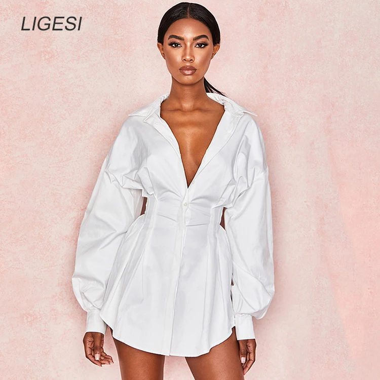 Sexy V Neck White Tunic Dress Pleated Summer Women Long Sleeve Shirt Dress Female Ruffle Party Mini Dresses Elegant Sexy V Neck White Tunic Dress Pleated Summer Women Long Sleeve Shirt Dress Female Ruffle Party Mini Dresses Elegant