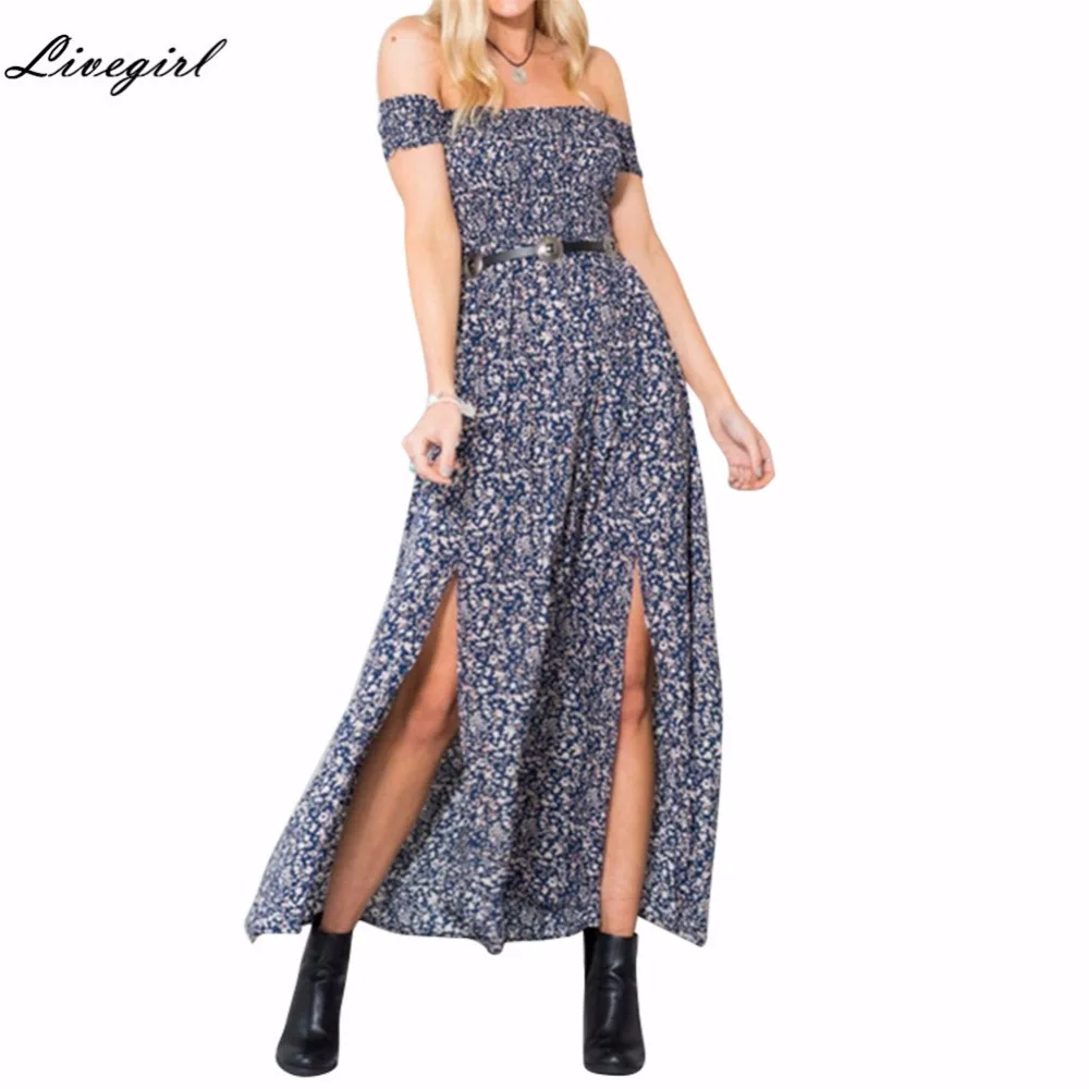 Sexy Strapless Beach Summer Dress Sundresses Vintage Tunika Maxi Dress Boho Floral Women Split 