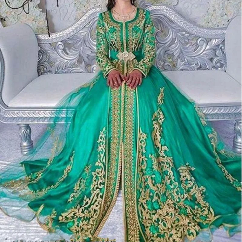 

Evening Dresses Vintage Long Formal Evening Dress Muslim Lace Evening Gowns Green Robe De Soiree A Line Evening Gown Applique
