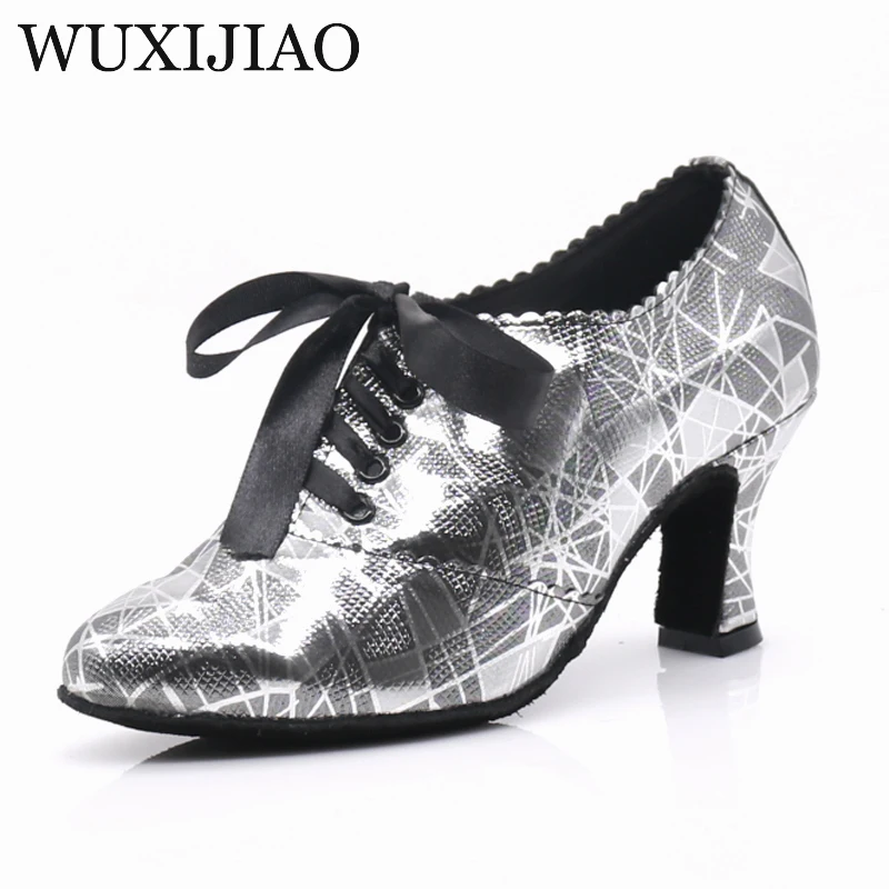 

WUXIJIAO New PU Low Heels Black Shoes For Women Closed Toe Jazz Samba Teachers Dance Shoes Ballroom Salsa Latin Dance Shoes