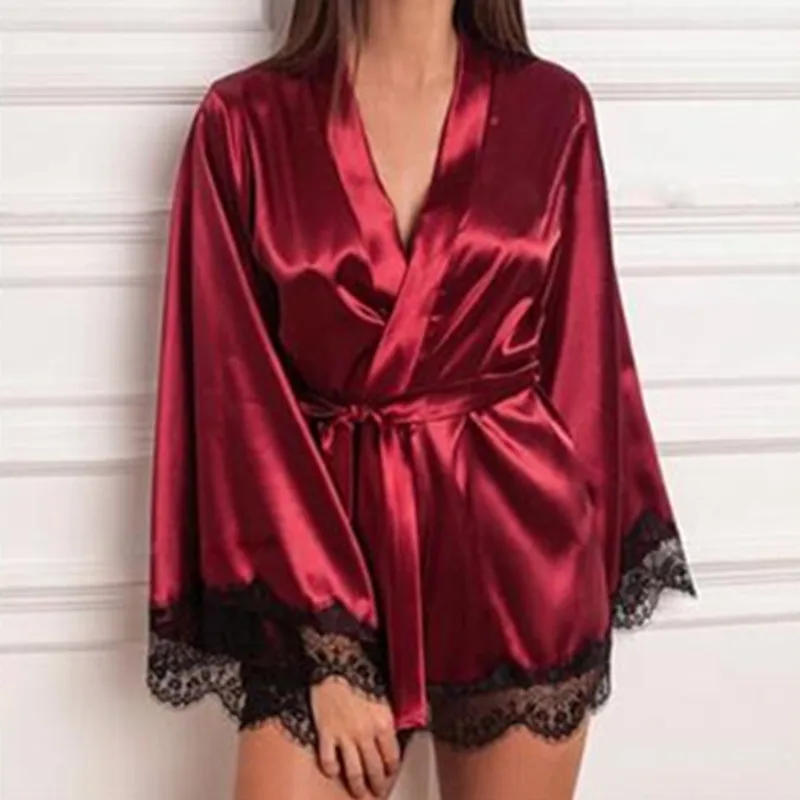 

2019 New Hot Sexy Lingerie Silk Lace Black Kimono Intimate Sleepwear Robe Night Gown Loose Female Bathrobes W3