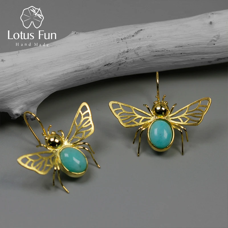 

Lotus Fun Real 925 Sterling Silver Natural Amazonite Handmade Fine Jewelry Cute Hollow Out Honeybee Dangle Earrings for Women