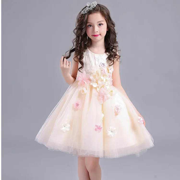 

Ball Gown Glitz Champagne Embroidery 3D Flower Girls Dress Kids Cute Baby Party Fancy Clothes Teenagers Pageant Christmas Dress