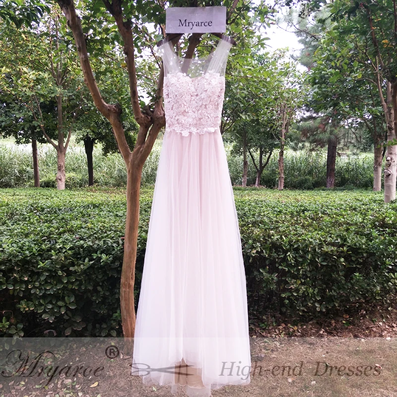 Elegant Bohemian Dress 2017 Scoop Illusion Neck Lace Appliqued A Line Flowing Tulle Rustic Forest Wedding Dresses (1)