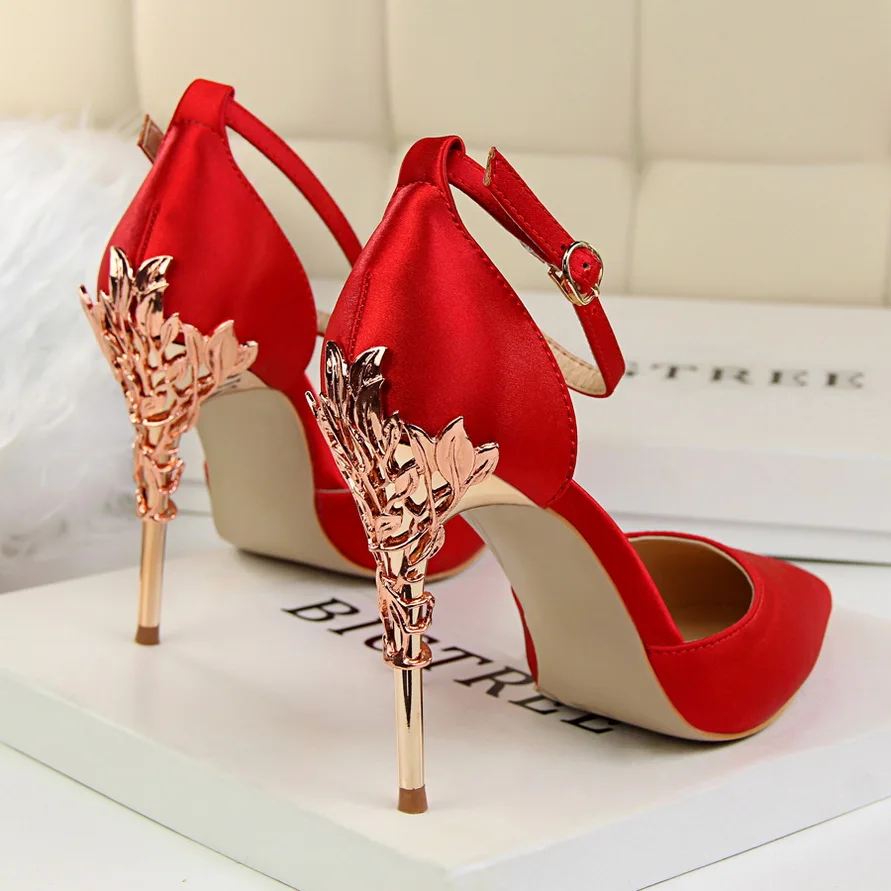 

EOEODOIT Women Fashion Sexy Metal Heel Shoes Stiletto High Heel Pumps Pointed Toe Satin Party Wedding Braid Pumps Shoes