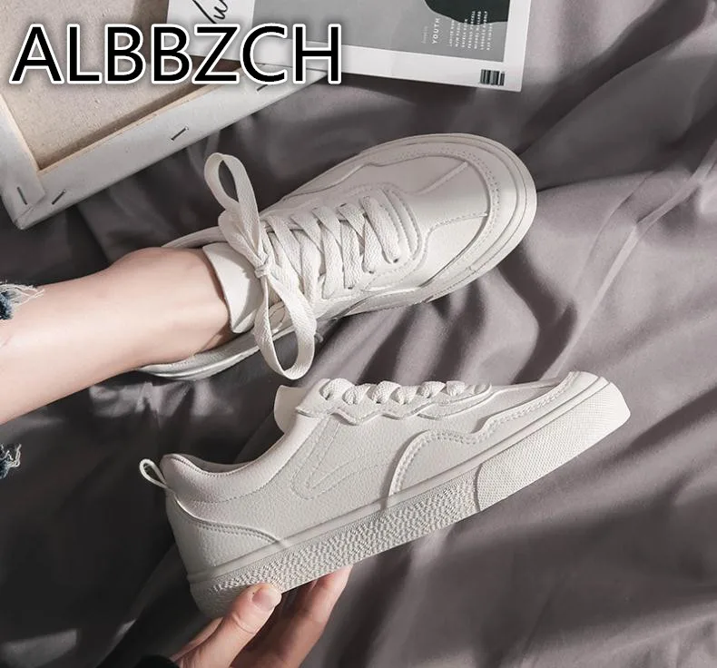 

White Leather Casual Shoes Woman Girl Lady Fashion Sneaker Woutdoor Sport Shoes Women's Round Toe Daily Leisure Flat Shoes Women