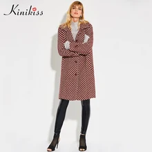 Kinikiss зимняя куртка женские 2017 Красный Полосатый широкий талией свободные карманы и пуговицы шерстяное пальто теплая Осенняя мода длинная верхняя одежда