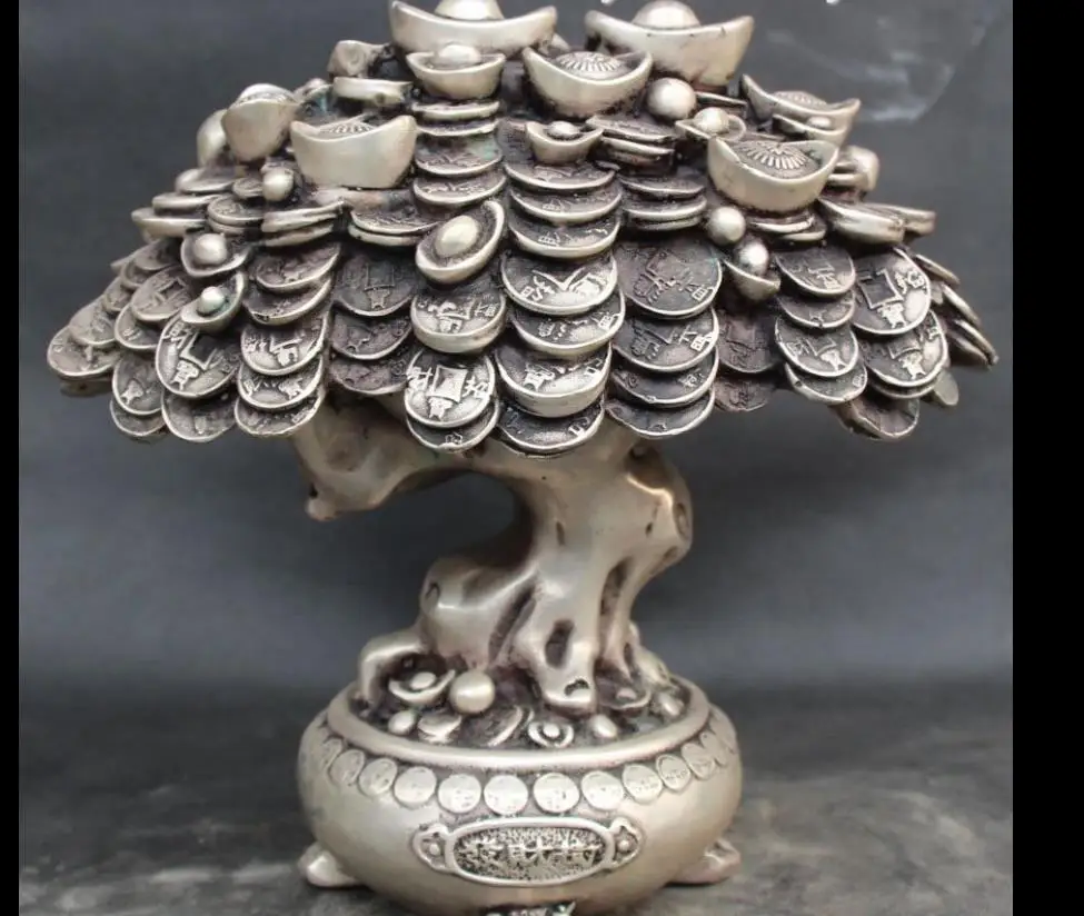 

67111632+++9" Chinese Fengshui Silver Wealth Money Coin Tree Yuan Bao treasure bowl Statue