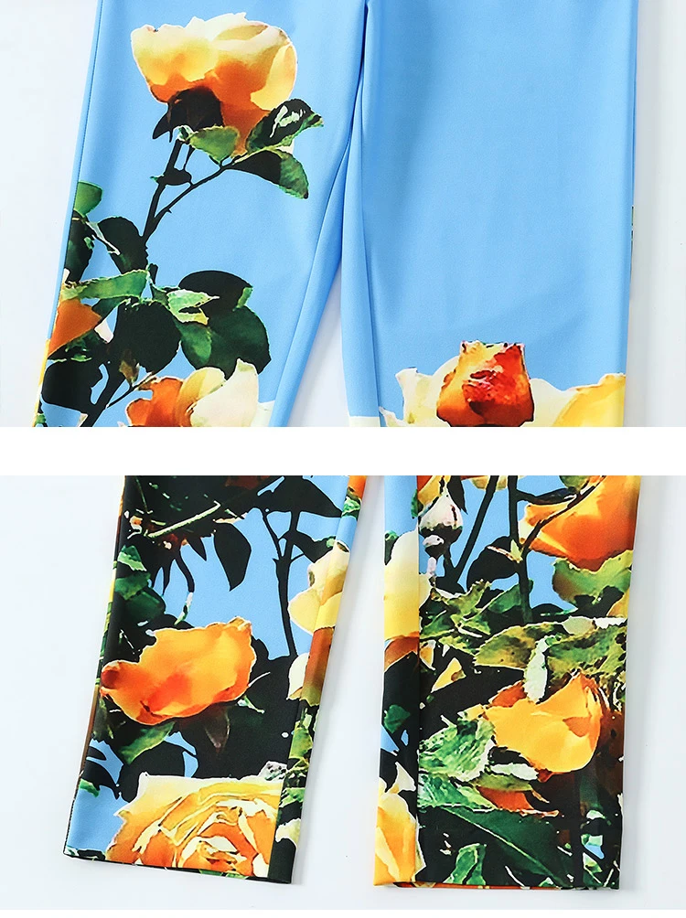 Svoryxiu элегантный синий Цветочный принт Офисные женские туфли брюки костюмы Для женщин дизайнерский бренд сезон: весна–лето Модные женские
