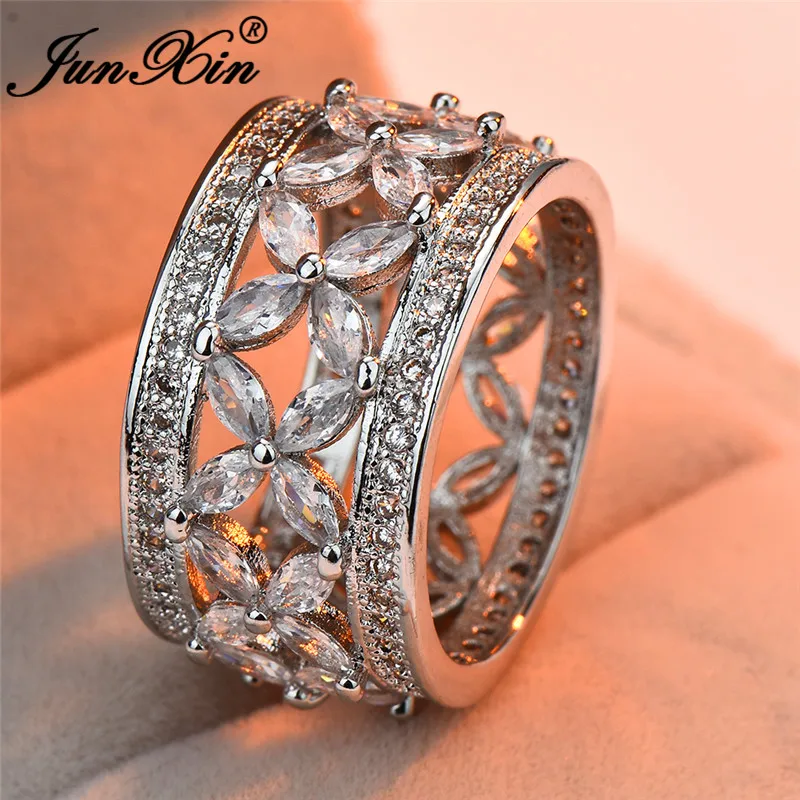 JUNXIN OL Female Crystal Butterfly Flower Big Rings For Women 925 Silver Filled White Zircon Horse Eye Stone Engagement Ring CZ