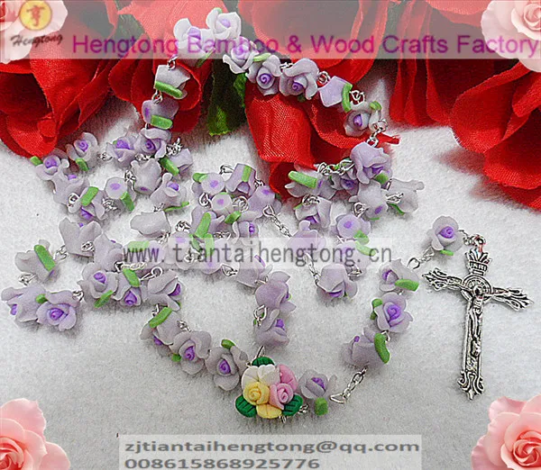 

4pcs/set Handmade catholic Rosary necklace beautiful violet Soft Cerami beads rose rosary catholic crucifix Necklace free ship