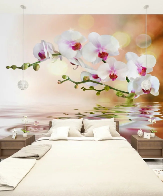 

Custom Size 3D Photo Mural Wall Sticker White Orchids On Water Removable Wall Papers Self-adhesive Vinyl Art Home Decor