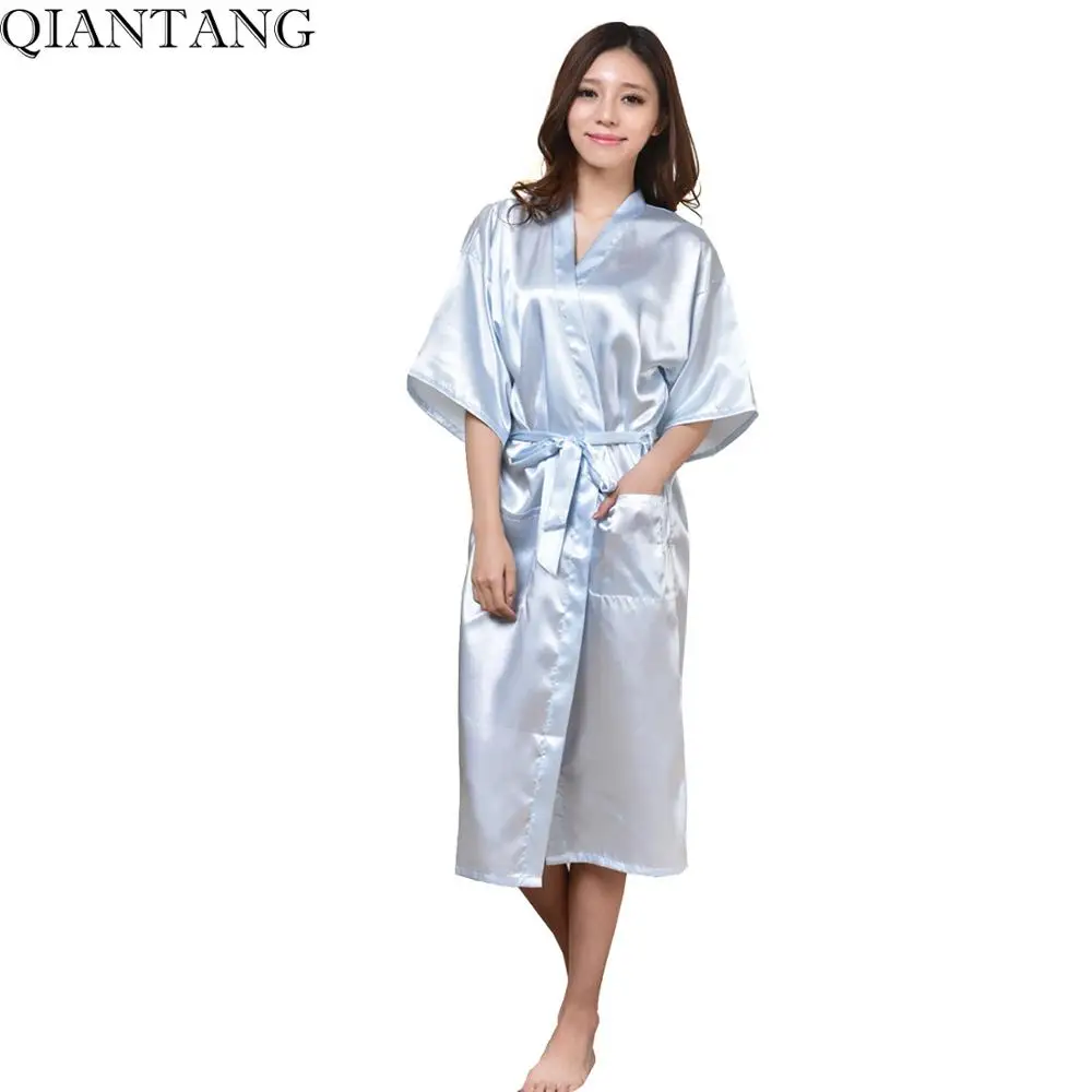 Женский банный халат размера плюс, однотонное кимоно, банное платье красного цвета, женская ночная рубашка из вискозная юката, Размеры S M L XL XXL XXXL Mujer Pijama Zh02C - Цвет: Light Blue
