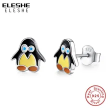 ELESHE, маленькие серьги-гвоздики с черной эмалью в виде пингвина для женщин, детей, 925 пробы, серебряные серьги, ювелирные изделия, вечерние серьги, подарок