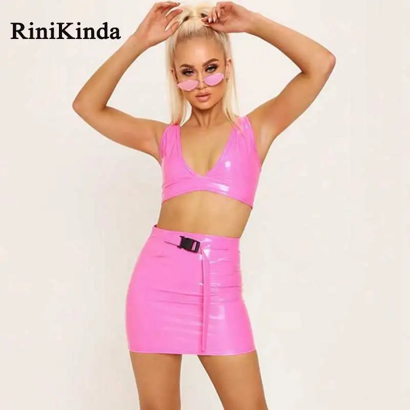 

RINIKINDA Hot 2 Pieces Set Outfits Womens V Neck Sleveeless Short Tank Top Mini A Line Skirts Ladies Summer Pu Solid Sexy 2pcs