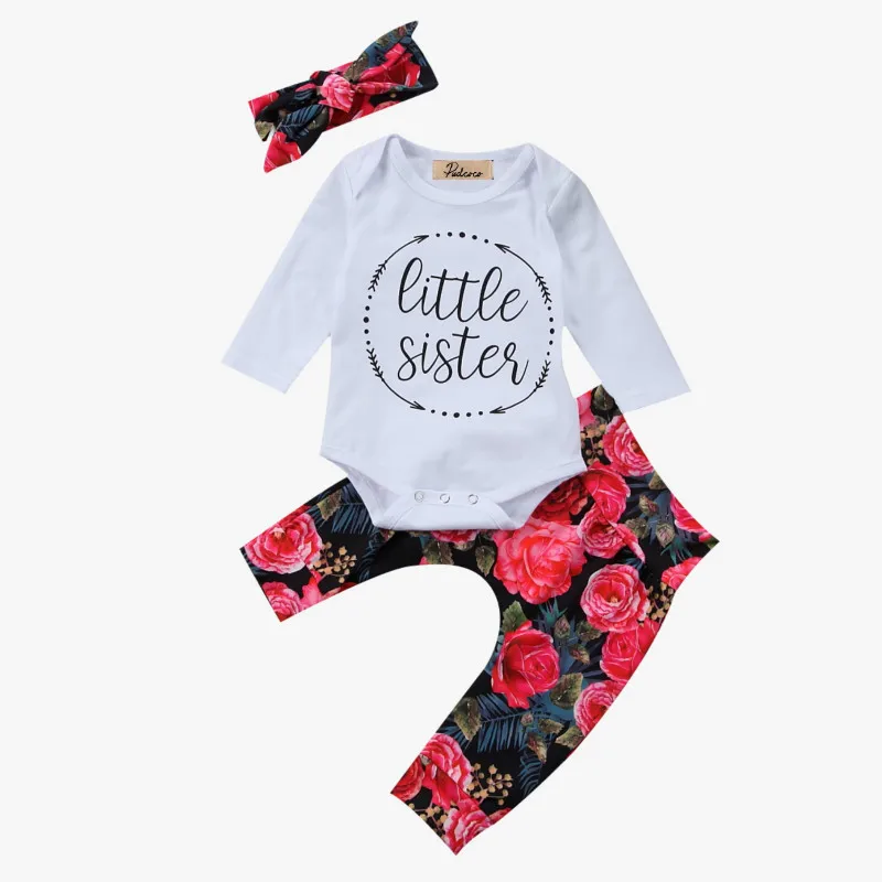 Комплект одежды для новорожденных девочек, хлопковый топ с цветочным принтом и надписью, комбинезон, штаны, повязка на голову, комплект