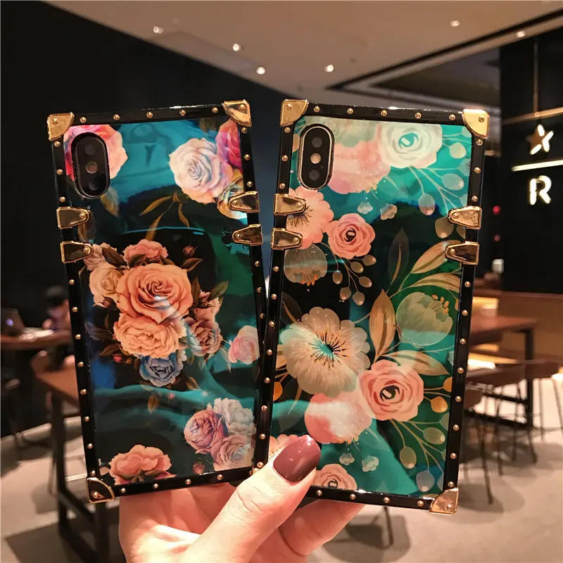 

CC Camellia Phone Cover Case For IPhone XSmax XR XS X 8 8Plus 7 7Plus 6S 6Plus Floral Blue Ray Square Rivet Retro holder Cover