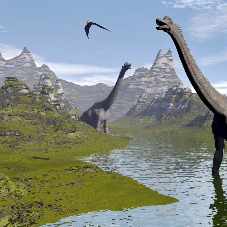Brachiosaurus dinosaurs walking in a stream on a beautiful day Poster Print (32 x 24)