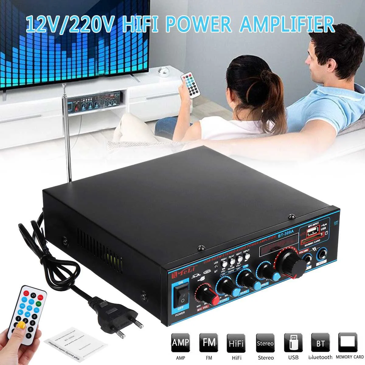 

30W 12V/220V CH2.0 Audio Power Amplifier Home Theater Amplifiers Audio with Remote Control Support FM USB bluetooth BT-309A