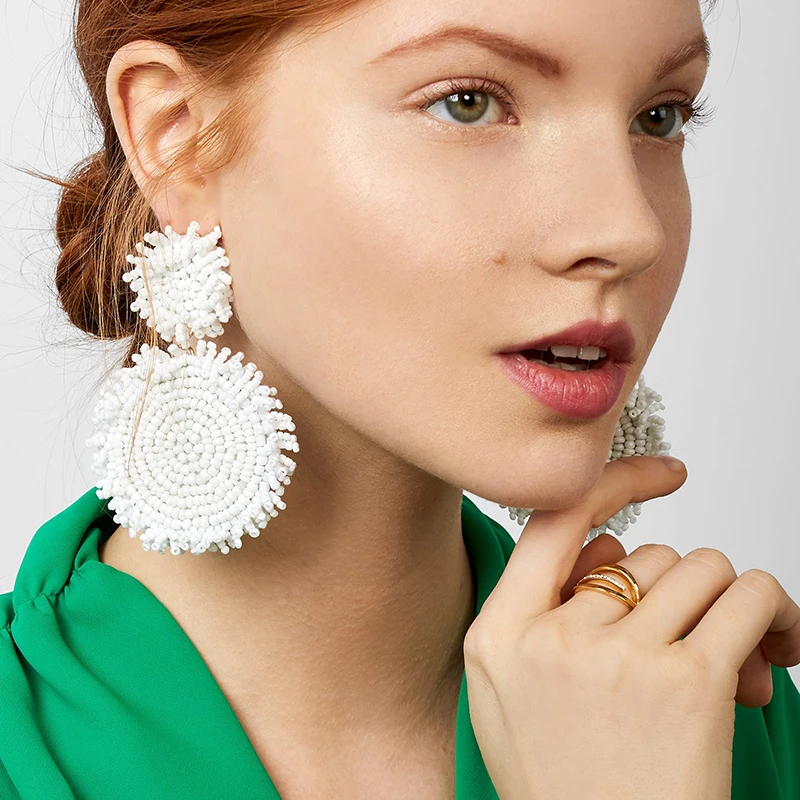 JUJIA Spring White Big Earrings for Women 2019 Trendy Beads Flower Cotton Tassel Fringes Dangle Drop Earrings Wedding Jewelry