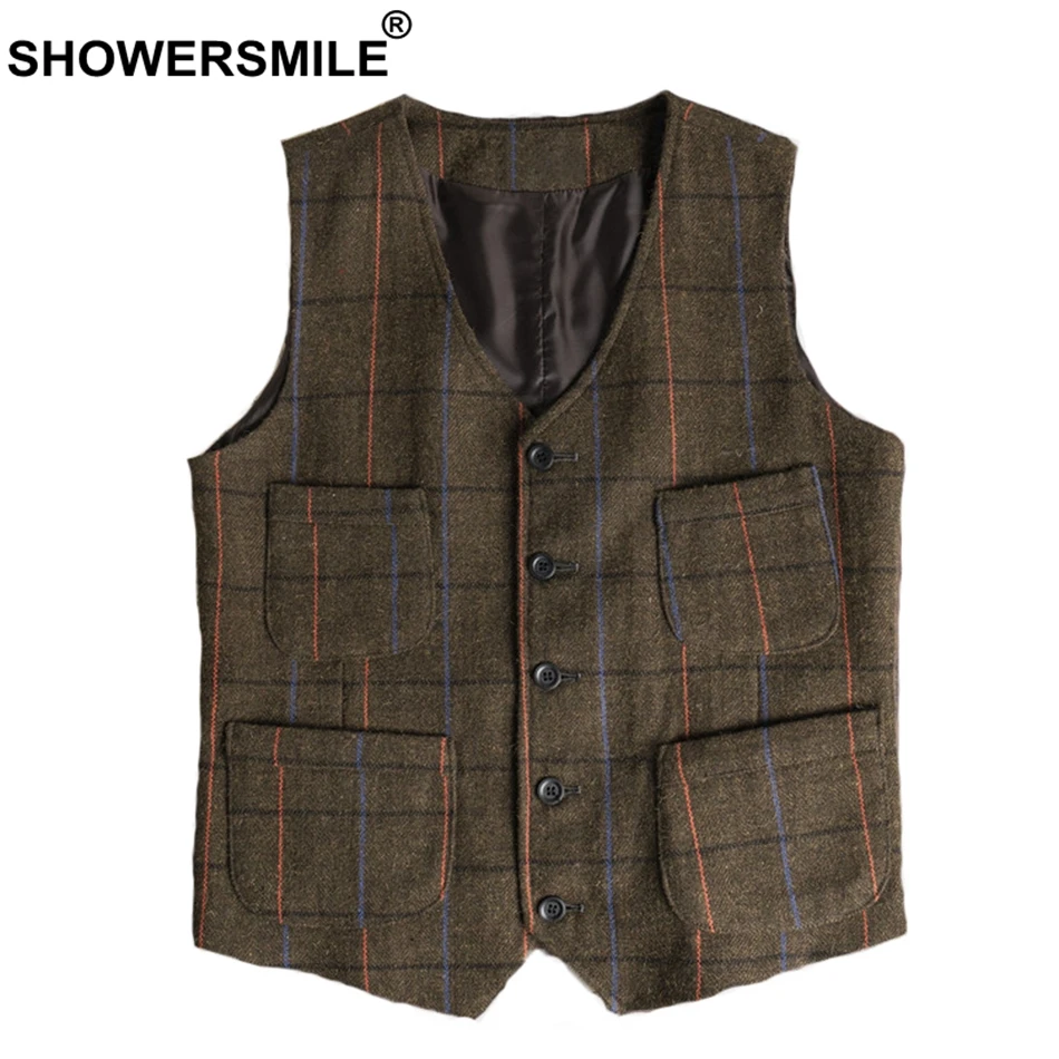 

SHOWERSMILE Multi Vest Mens Plaid Tweed Vintage Waistcoat Male Plus Size 4xl Warm Pockets British Checkered Autumn Winter Gilet
