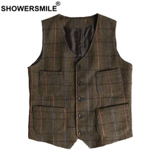 SHOWERSMILE Multi Vest Mens Plaid Tweed Vintage Waistcoat Male Plus Size 4xl Warm Pockets British Checkered Autumn Winter Gilet