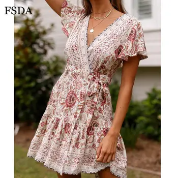 

FSDA Floral Print Mini Dress Ruffles V Neck Sashes Bohemian Ruched Women Summer Beach Dresses