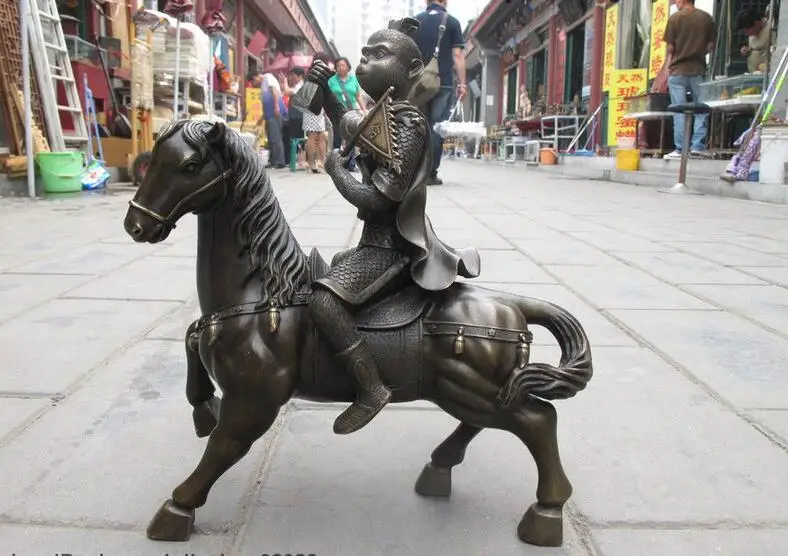 

China fable pure Bronze sun wukong Monkey King Hand and seal Ride Horse Statue