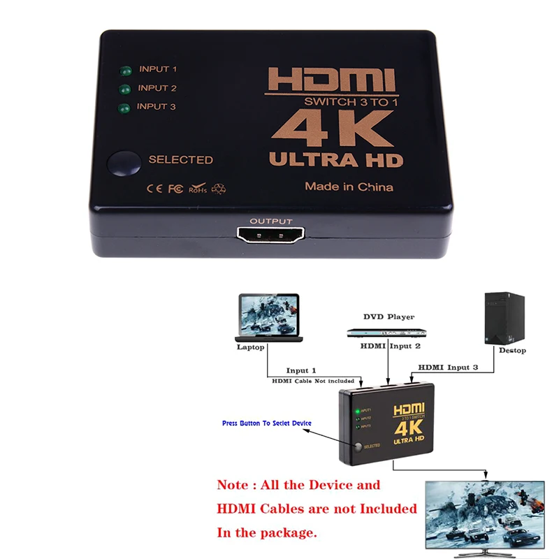 HDMI Switch, 3 Port 4K*2K Switcher Splitter Selector Box Ultra HD For DVD HDTV Xbox PS3 PS4